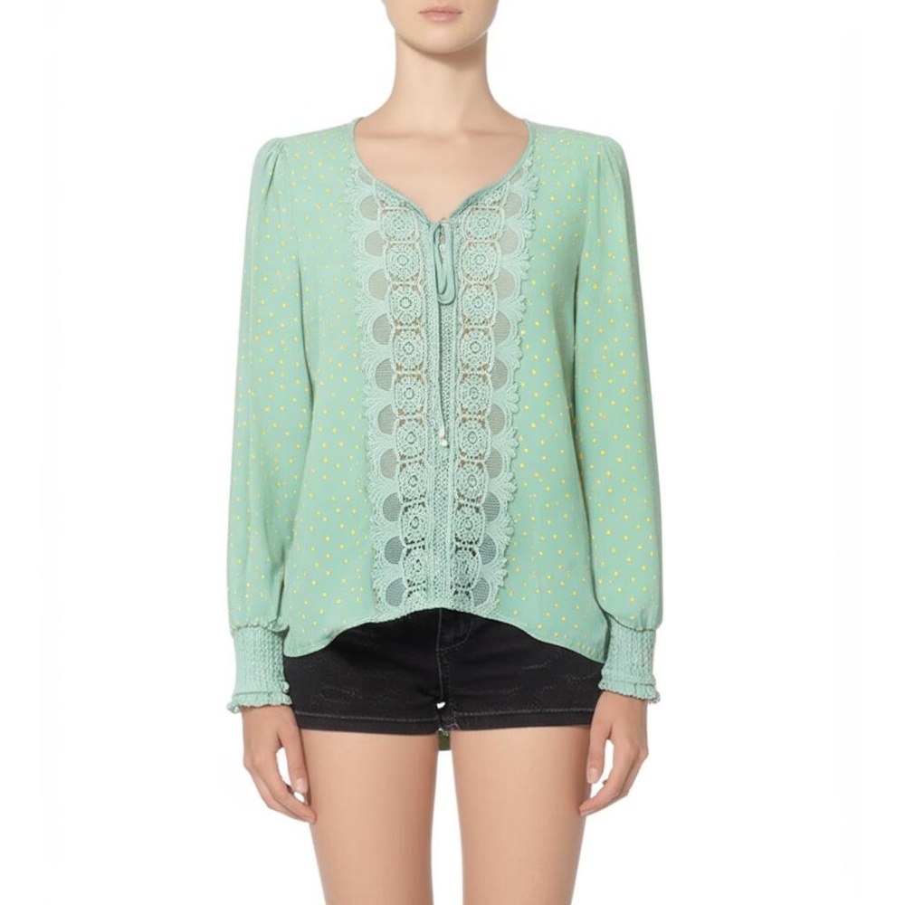 NWT Womens Blouse Size OS Light Teal Yellow Polka Dot V Neck